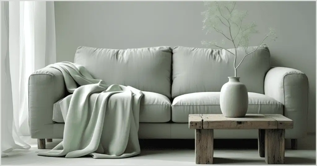 A Japandi interior design living room with a neutral color palette, featuring a gray sofa with a green throw, a rustic wooden coffee table, and a white vase with branches.
