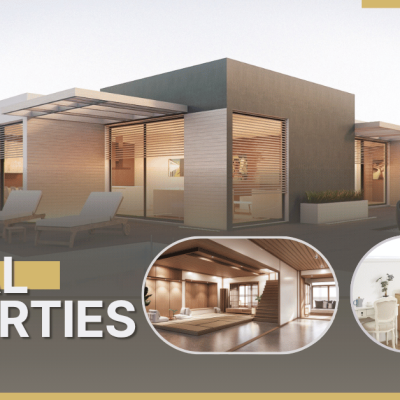 Modern rental property exterior and interiors with text "List a Rental Properties.
