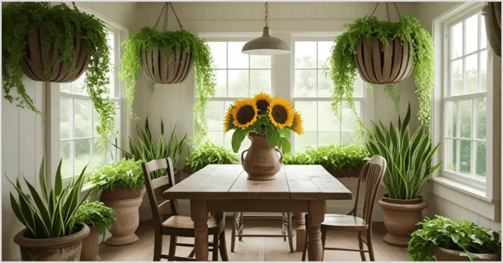 Farmhouse Interior Ideas with a wooden dining table adorned with sunflowers, surrounded by potted plants and hanging greenery.