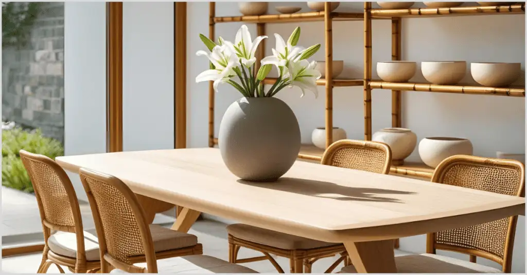 A Japandi interior design dining area with a wooden table, wicker chairs, a vase of white lilies, and shelves with ceramic bowls, surrounded by natural light.