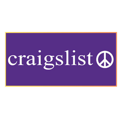 Craigslist logo with a peace sign on a purple background.