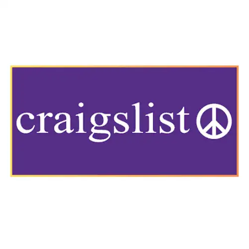 Craigslist logo with a peace sign on a purple background.