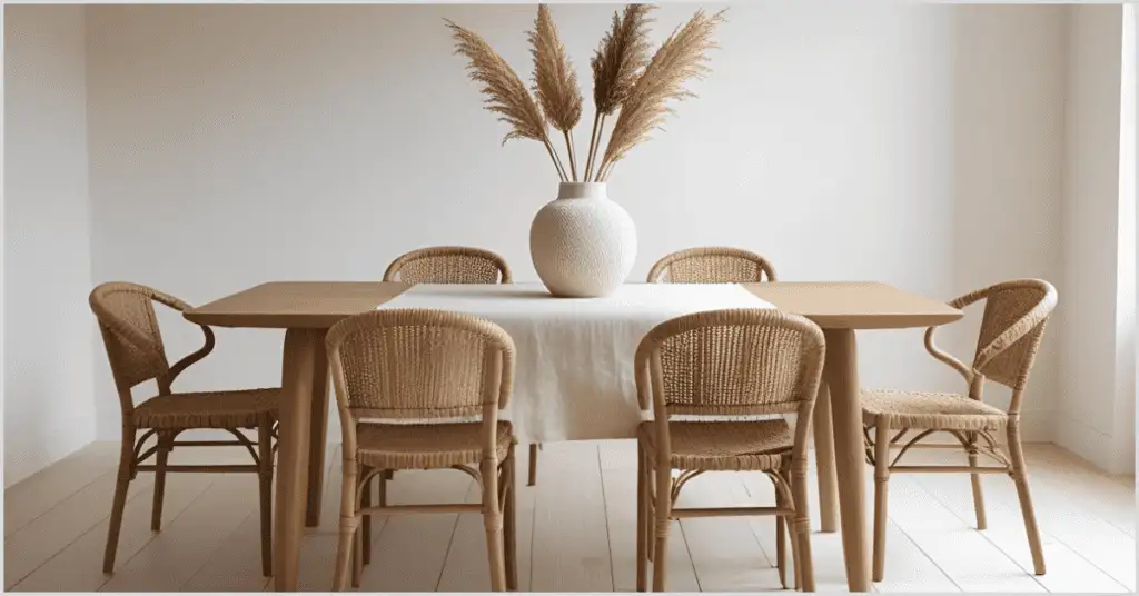 A Japandi interior design dining area with a wooden table, wicker chairs, a white tablecloth, and a vase with pampas grass for subtle texture.