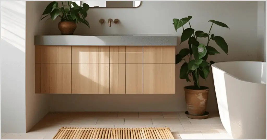 A Japandi interior design bathroom with a wooden vanity, dual sinks, a freestanding bathtub, indoor plants in terracotta pots, and a bamboo mat.