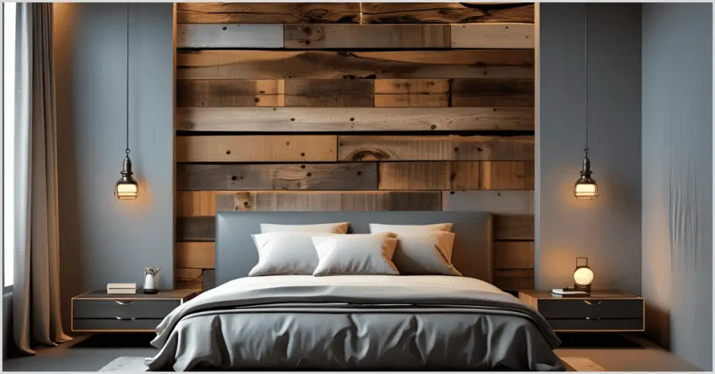 Modern industrial bedroom with a reclaimed wood feature wall, pendant lights, and neutral bedding.