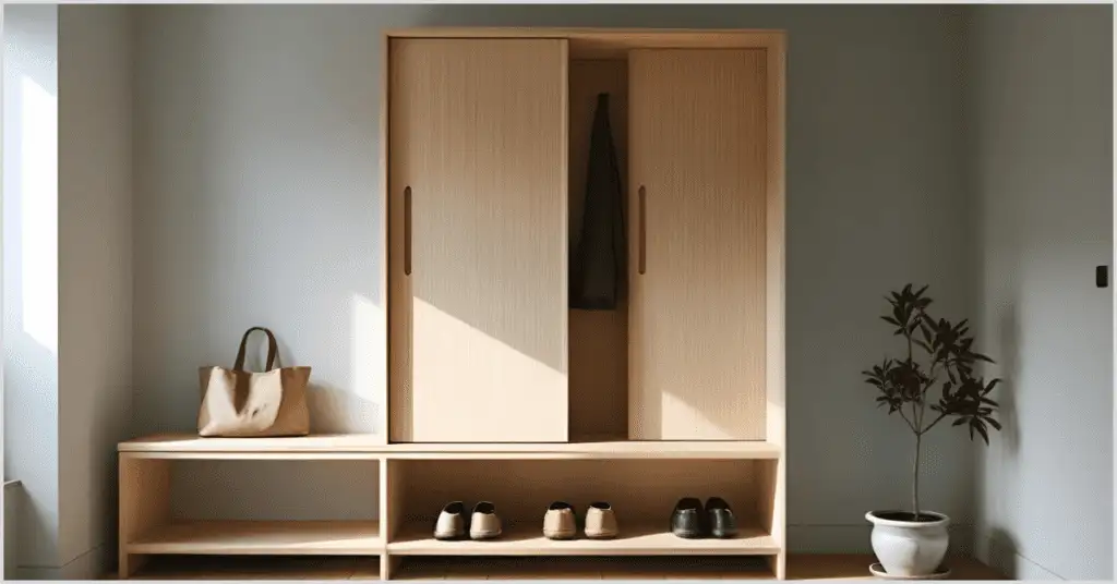 A Japandi interior design entryway with a minimalist wooden cabinet, organized shoes, a bag, and a potted plant, free of clutter.