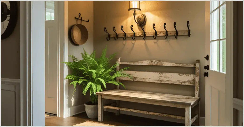 Farmhouse Interior Ideas with a rustic wooden bench, hanging hooks, a potted fern, and warm lighting near the door.