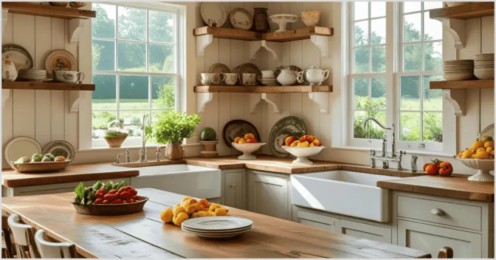 Farmhouse Interior Ideas featuring a rustic kitchen with wooden shelves, open shelving with dishes, a farm sink, and fresh fruits.