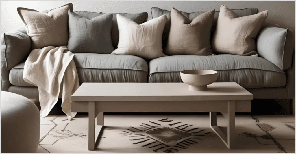 A Japandi interior design living room with a gray sofa adorned with colorful cushions, a soft throw, and a minimalist wooden coffee table on a patterned rug.