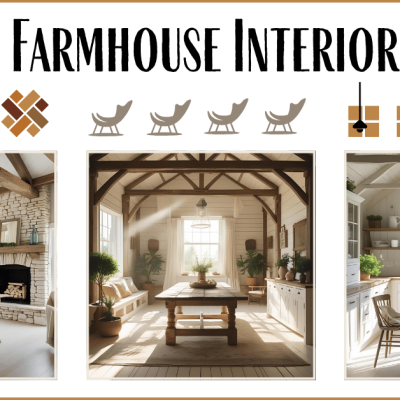 Farmhouse Interior Ideas featuring rustic dining room with wooden table and chairs, stone fireplace, and large windows, cozy living area with wooden beams and plants, modern kitchen with white cabinets and greenery.