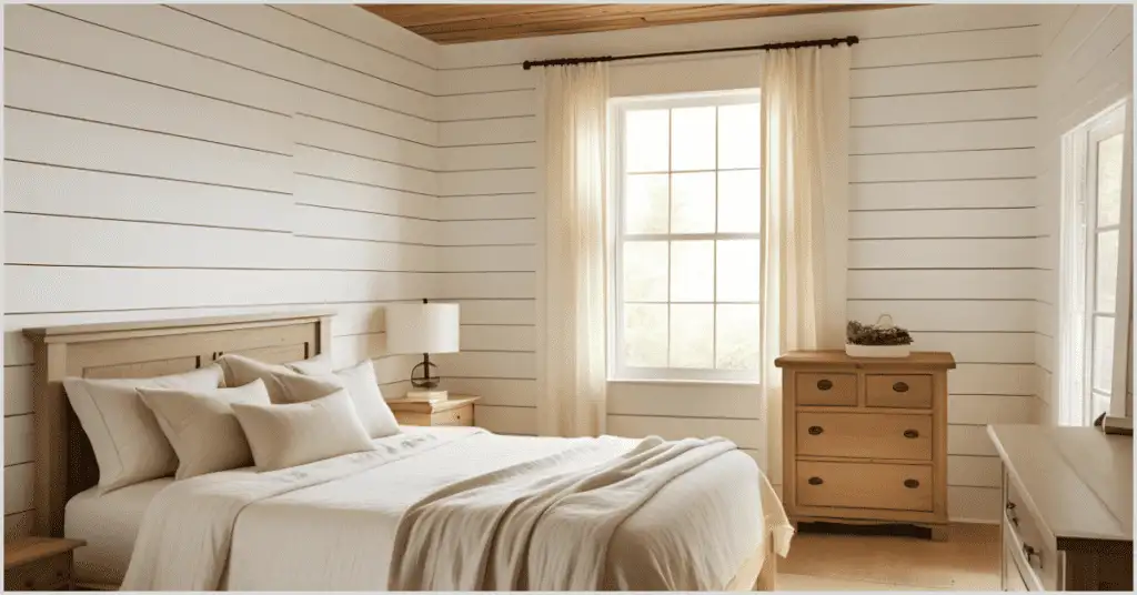 Farmhouse Interior Ideas with shiplap walls and ceiling, a cozy bed with beige bedding, and wooden furniture.