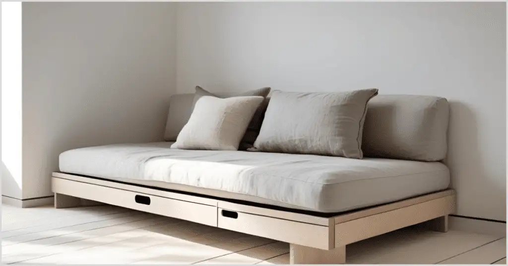 A Japandi interior design bedroom with a minimalist wooden daybed featuring built-in storage drawers and neutral cushions.