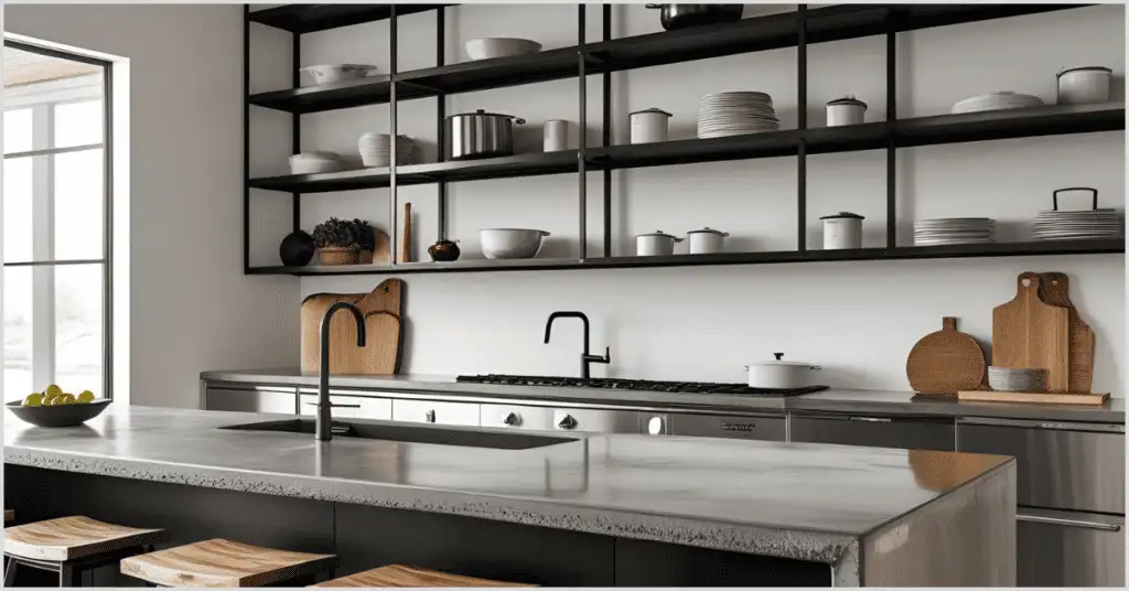 Modern industrial kitchen with metal highlights, concrete island, black faucet, and open shelving.