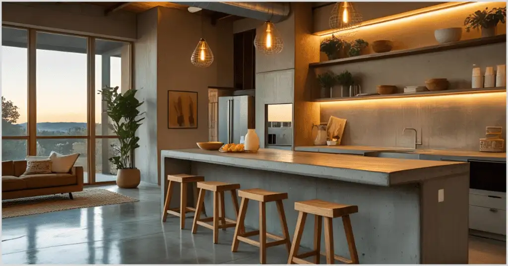 Modern industrial kitchen with concrete island, wooden stools, and exposed ceiling pipes.