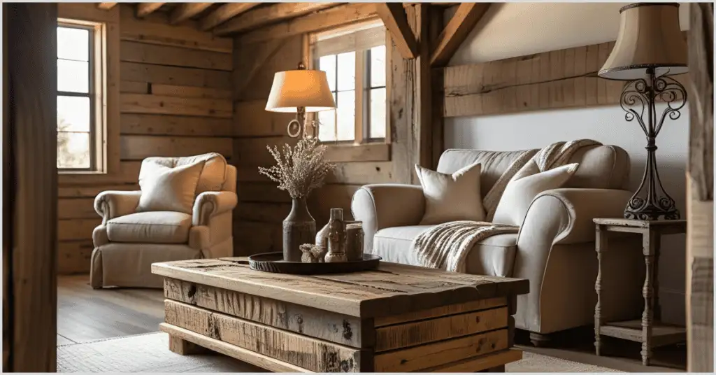 Farmhouse Interior Ideas with reclaimed wood accents featuring a rustic wooden coffee table, wooden walls, and beams, paired with beige chairs and sofa.