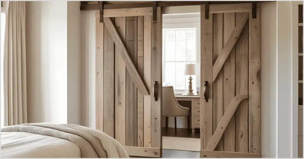 Farmhouse Interior Ideas with rustic wooden barn doors opening to a bedroom and desk area with beige tones.