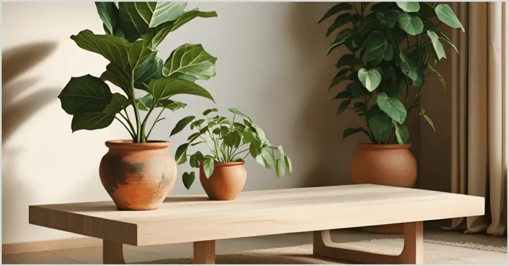 A Japandi interior design living room with a wooden coffee table adorned with potted indoor plants in terracotta pots, enhancing the natural aesthetic.
