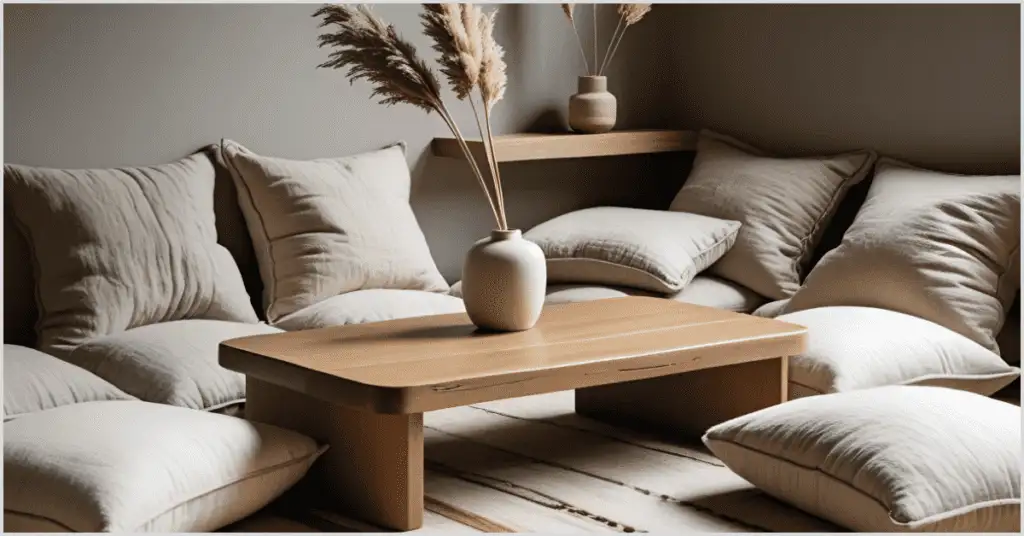 A Japandi interior design living area with a low wooden coffee table, neutral cushions, and decorative pampas grass in a vase.