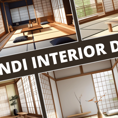 A collage showcasing Japandi interior design with minimalist rooms featuring tatami mats, wooden furniture, shoji screens, and natural decor elements.