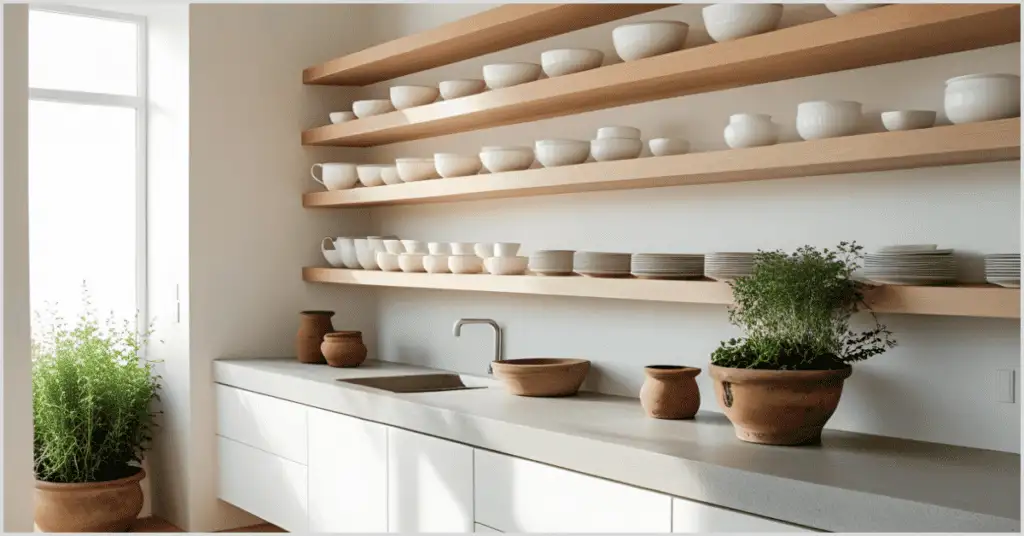A Japandi interior design kitchen featuring open light wood shelves with white ceramic dishes, a minimalist sink, and potted plants on a white countertop.