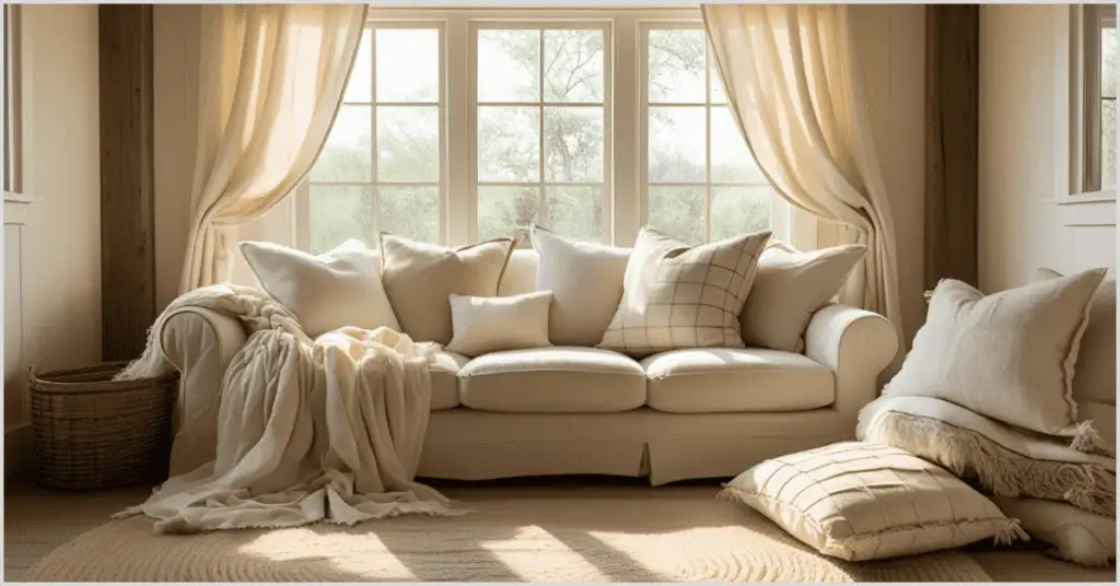 Farmhouse Interior Ideas with a beige sofa layered with white pillows and throws, complemented by a woven rug.