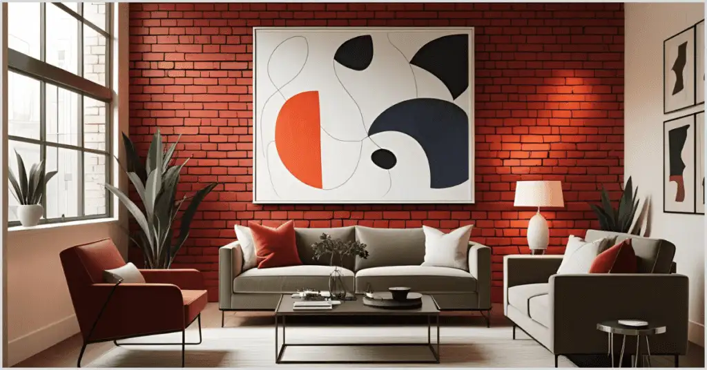 Modern industrial living room with exposed brick walls, abstract art, and cozy seating.