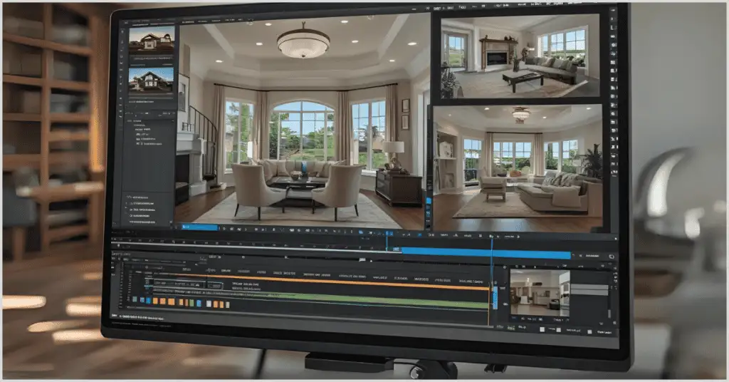Key points of real estate video editing shown through stylish interior walkthrough.