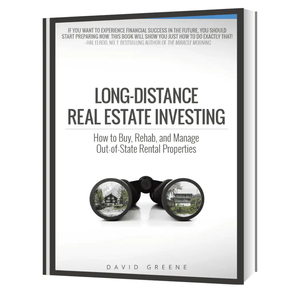 Cover of "Long-Distance Real Estate Investing" by David Greene, featuring a white background with binoculars showing properties and the title in bold black text.