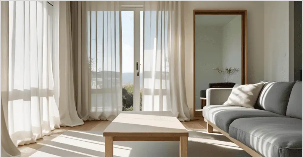 A Japandi interior design living room with large windows and sheer curtains, a gray sofa, wooden coffee table, and a mirror, bathed in natural light.