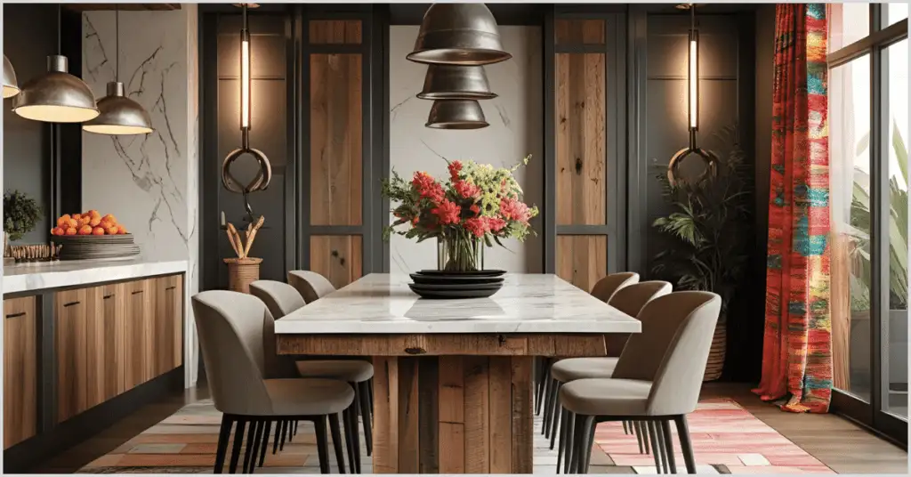 Modern industrial dining area with raw wood table, polished marble top, and colorful accents.