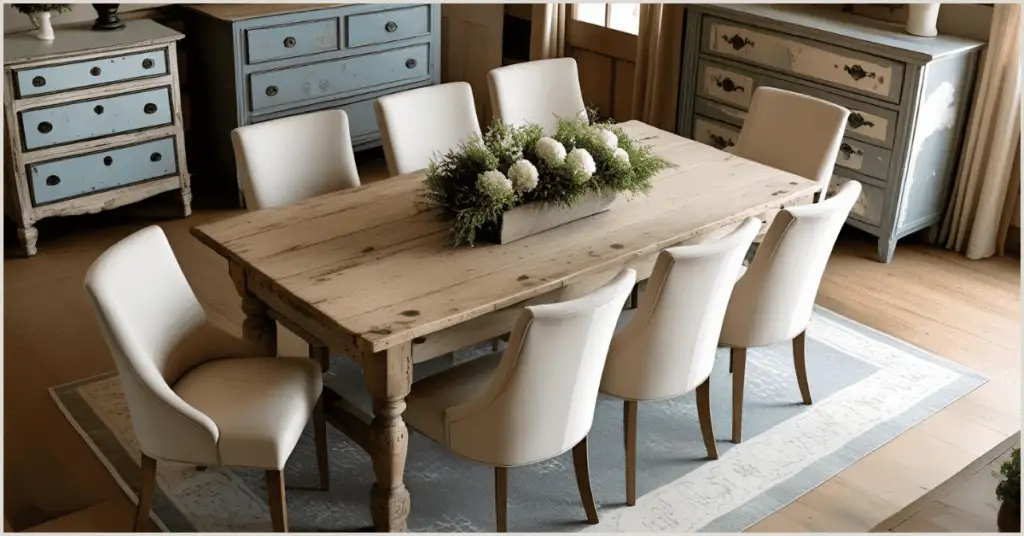 Farmhouse Interior Ideas with a rustic wooden dining table, white upholstered chairs, and vintage blue dressers.