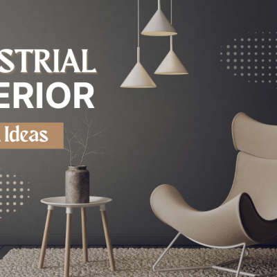 Modern industrial interior design with a beige chair, wooden table, and pendant lights on a dark wall.