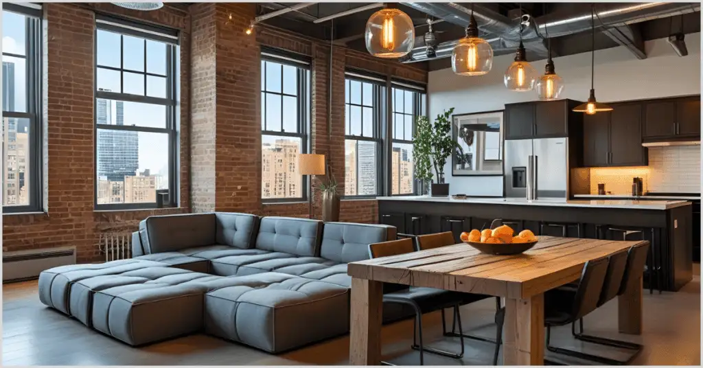 Modern industrial open-plan living space with exposed brick, large sofa, and wooden dining table.