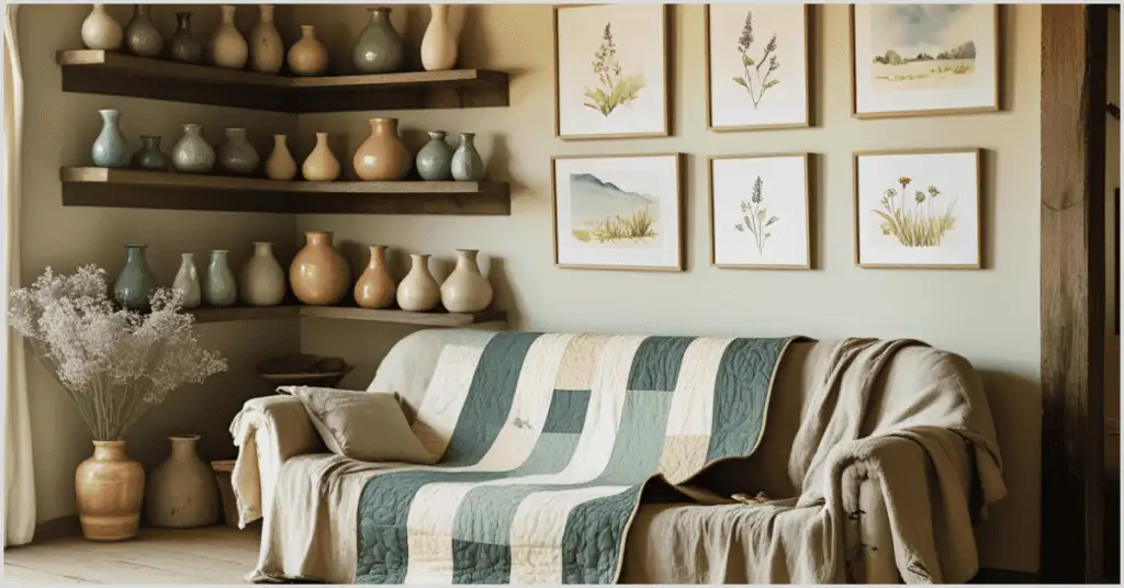 Farmhouse Interior Ideas with a cozy sofa covered in a handmade quilt, wooden shelves with heirloom vases, and floral artwork.