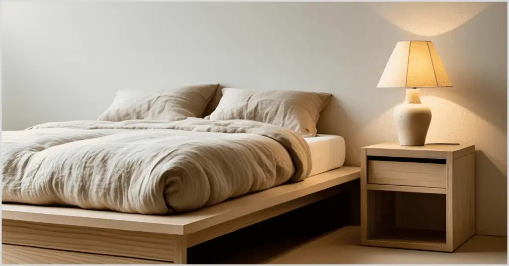 A Japandi interior design bedroom with a minimalist wooden bed, neutral bedding, and a simple wooden nightstand with a lamp.