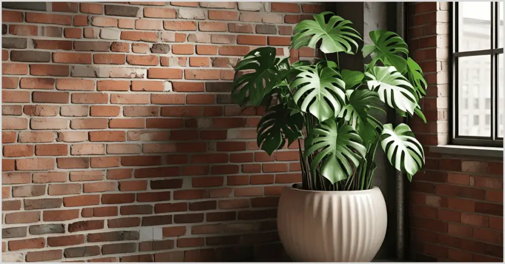 Modern industrial corner with a large potted plant against exposed brick walls and a window.