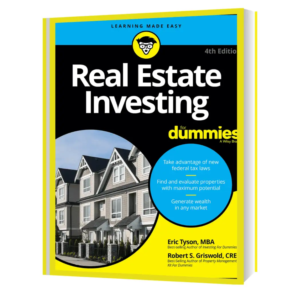 Cover of "Real Estate Investing For Dummies" 4th Edition by Eric Tyson and Robert S. Griswold, featuring a row of houses and a yellow and black design with key investment tips.