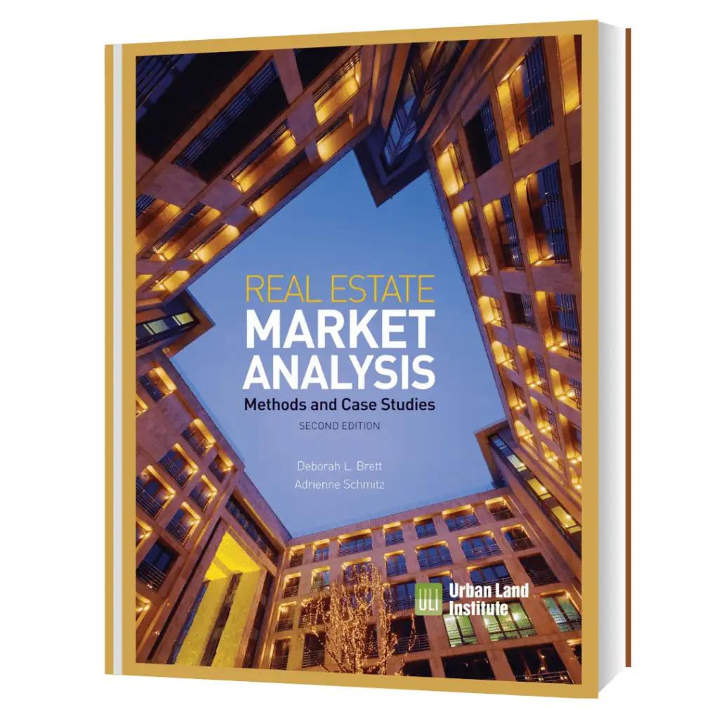 Cover of "Real Estate Market Analysis: Methods and Case Studies" Second Edition by Deborah L. Brett and Adrienne Schmitz, featuring a modern building at dusk with illuminated windows and the Urban Land Institute logo.