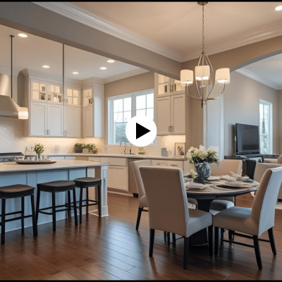 Elegant kitchen and dining area with video links to living, bedroom, and kitchen spaces – real estate video editing.