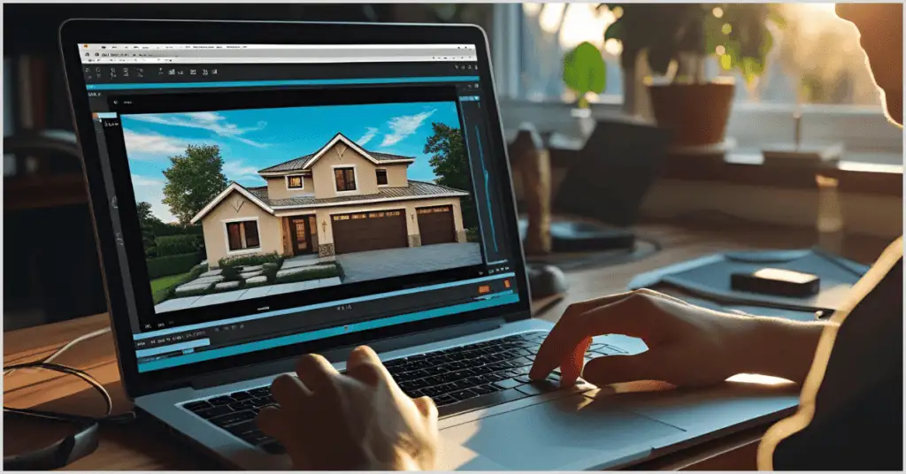 Editing a real estate video of a modern house on a laptop screen.