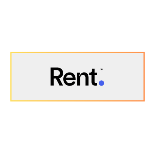 Rent.com logo with a blue dot on a white background.