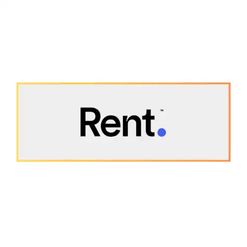 Rent.com logo with a blue dot on a white background.