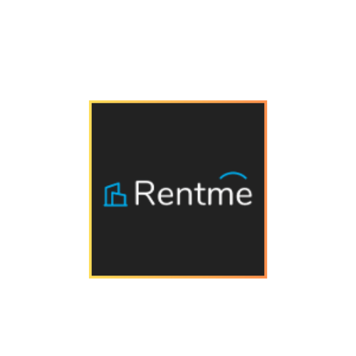 Rentme logo with a blue building icon on a black background.