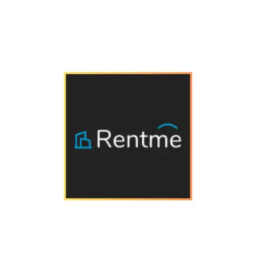 Rentme logo with a blue building icon on a black background.