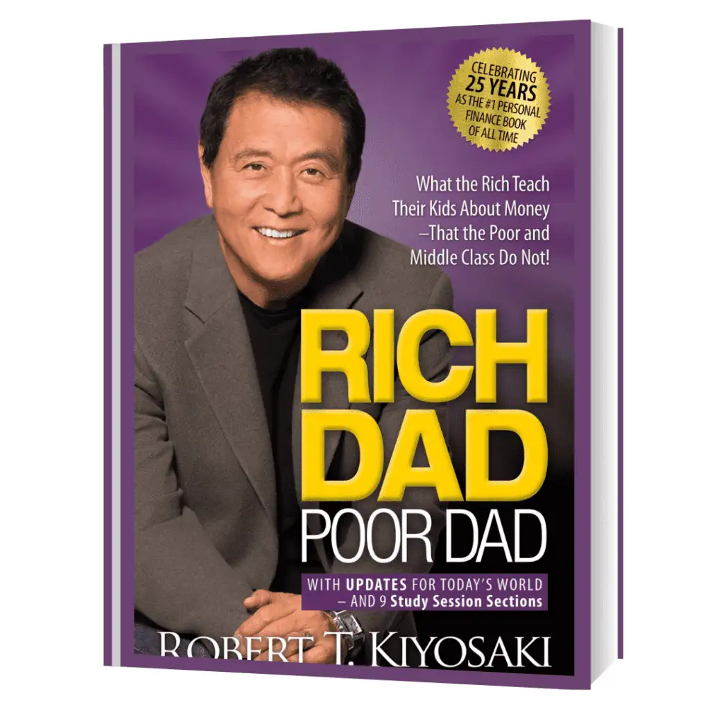 Cover of "Rich Dad Poor Dad" by Robert Kiyosaki and Sharon Lechter, featuring a purple background with the book title in bold yellow and white text, and a "Celebrating 25 Years" badge.