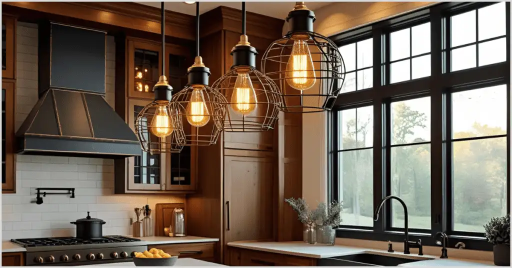 Modern industrial kitchen with exposed bulb pendant lights, wooden cabinets, and white countertops.