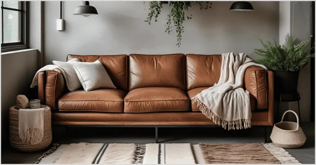 Modern industrial living room with a leather sofa, textured blankets, and woven baskets.