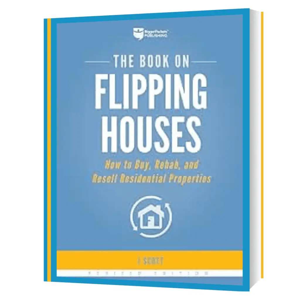 Cover of "The Book on Flipping Houses" by J Scott, featuring a blue and white design with the title in bold white letters and a house icon in the center.