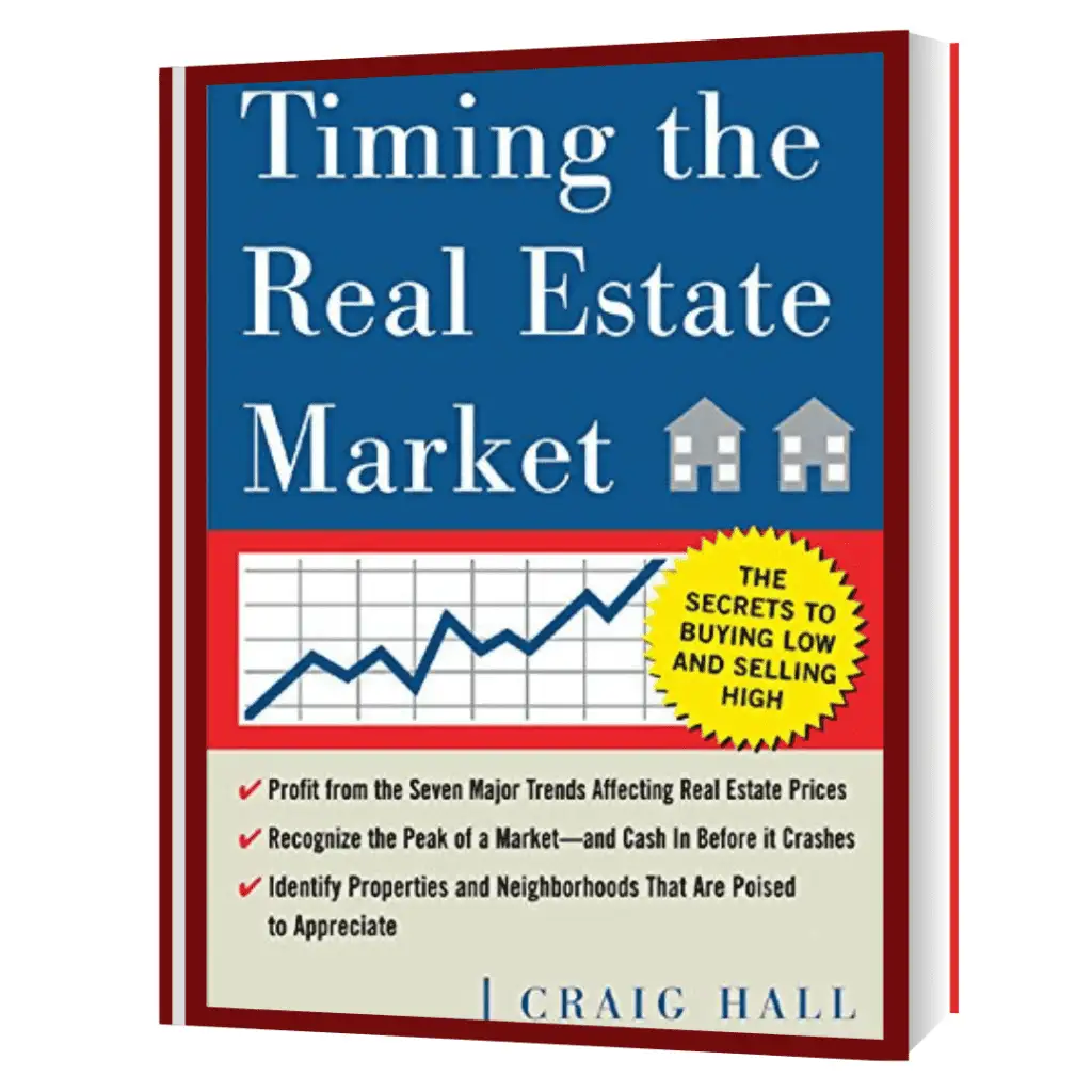 Cover of "Timing the Real Estate Market" by Craig Hall, featuring a blue and red design with the title in white, a graph, house icons, and a "Secrets to Buying Low and Selling High" badge.