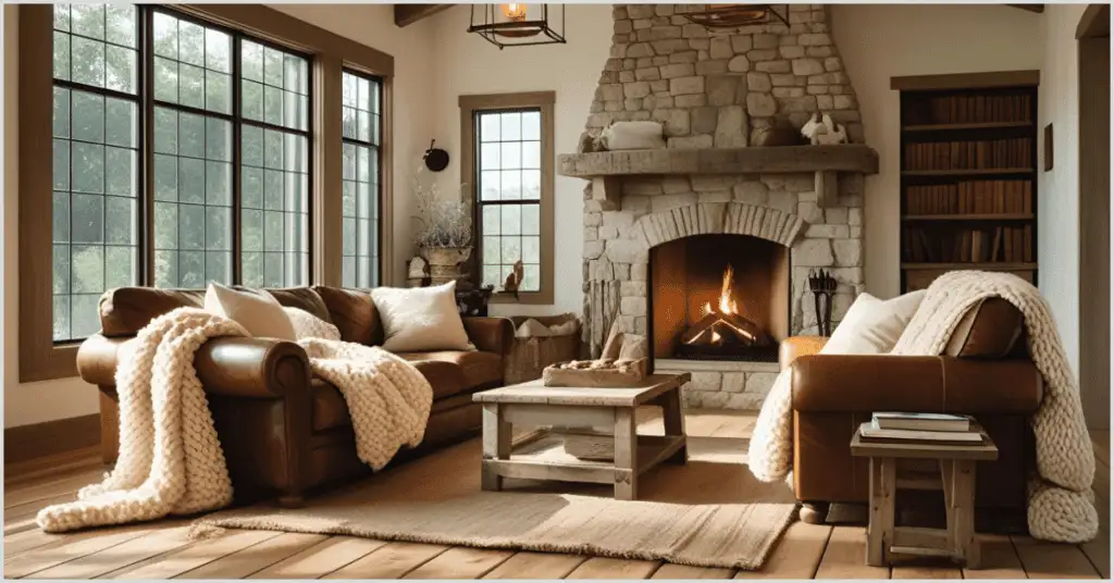Farmhouse Interior Ideas with natural materials including a stone fireplace, wooden furniture, and cozy beige throws in a living room.